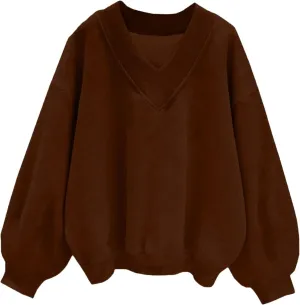Womens Oversized Drop Shoulder Pullover Tops Trendy V Neck Solid Soft Sweatshirts Fall Long Sleeve Teen Girl Clothes
