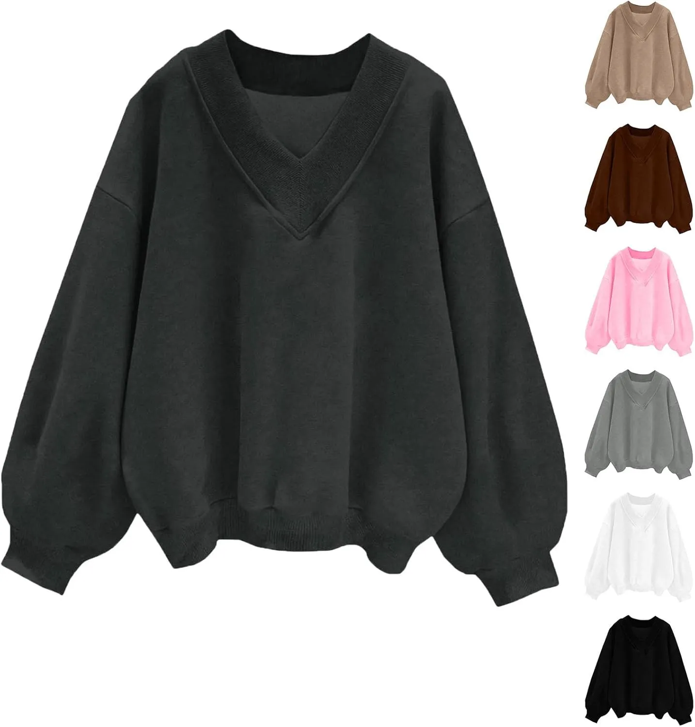 Womens Oversized Drop Shoulder Pullover Tops Trendy V Neck Solid Soft Sweatshirts Fall Long Sleeve Teen Girl Clothes