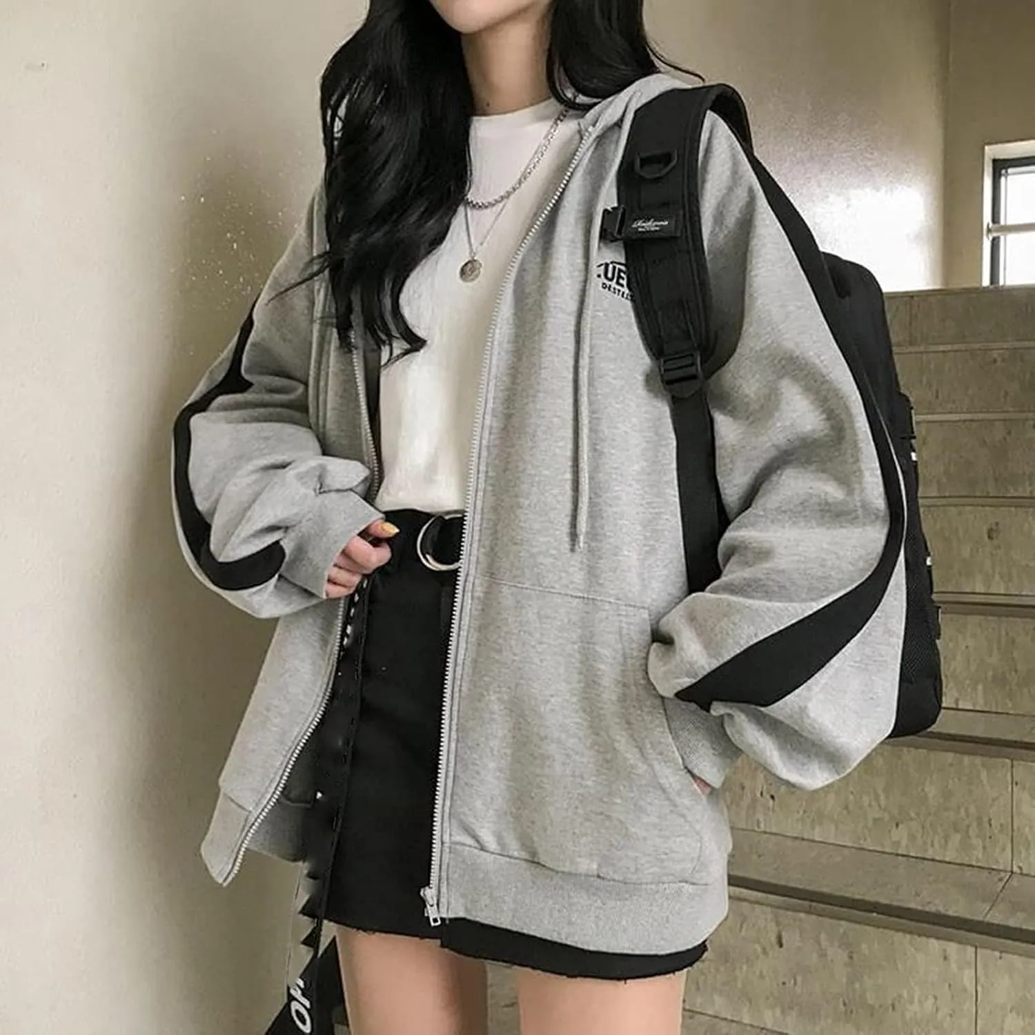 Womens Oversized Zip Up Hoodie Y2K Casual Long Sleeve Black Hooded Sweatshirt 90s Solid Zipper Jacket Cute Tops