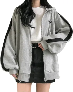 Womens Oversized Zip Up Hoodie Y2K Casual Long Sleeve Black Hooded Sweatshirt 90s Solid Zipper Jacket Cute Tops