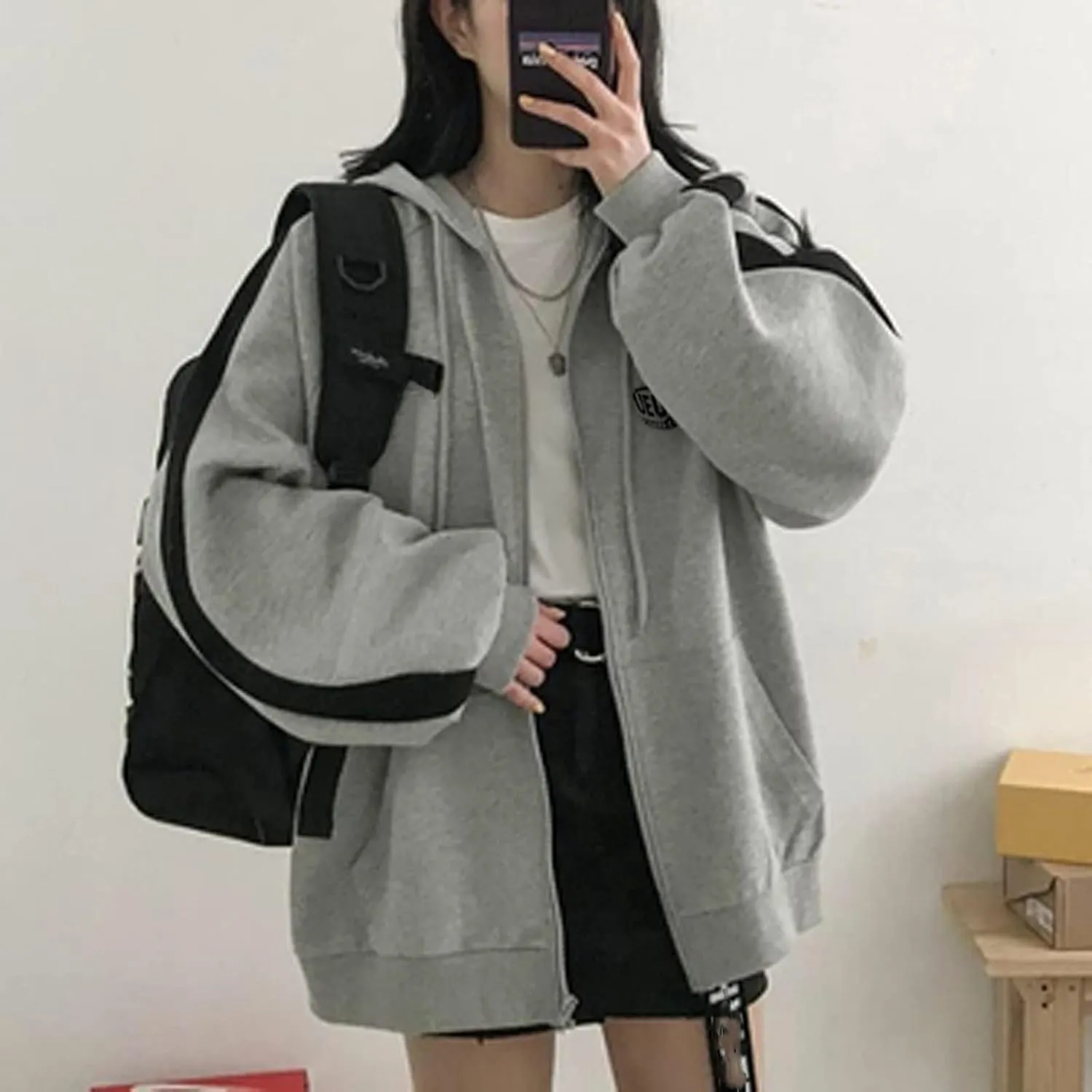 Womens Oversized Zip Up Hoodie Y2K Casual Long Sleeve Black Hooded Sweatshirt 90s Solid Zipper Jacket Cute Tops
