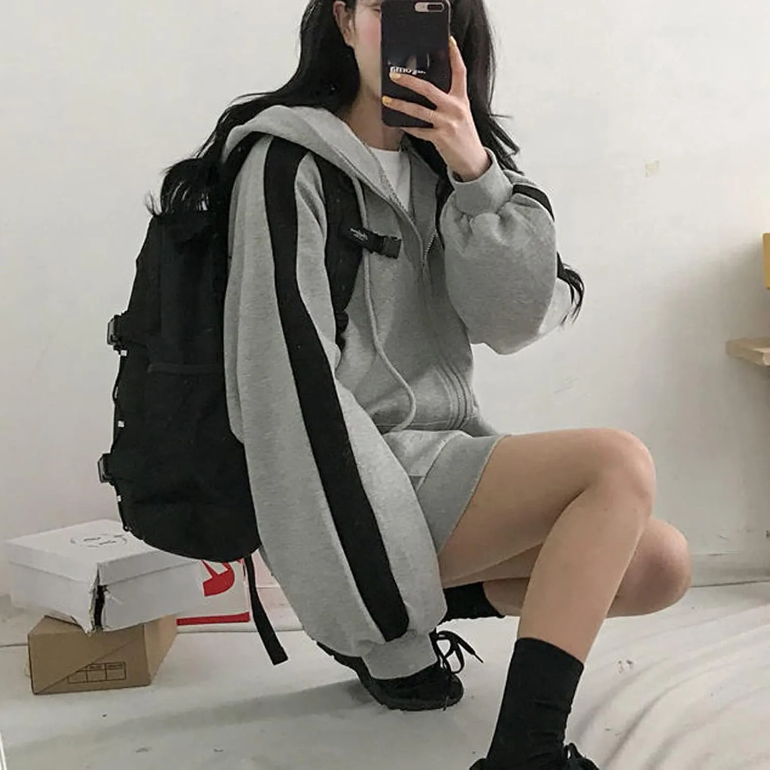 Womens Oversized Zip Up Hoodie Y2K Casual Long Sleeve Black Hooded Sweatshirt 90s Solid Zipper Jacket Cute Tops