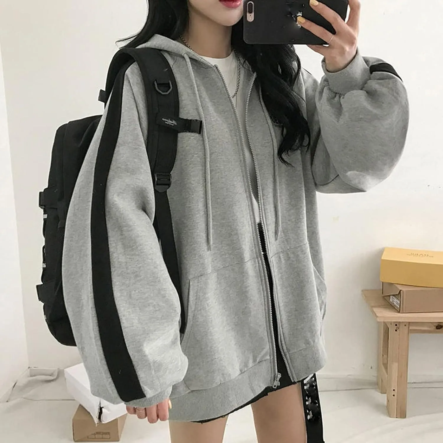 Womens Oversized Zip Up Hoodie Y2K Casual Long Sleeve Black Hooded Sweatshirt 90s Solid Zipper Jacket Cute Tops