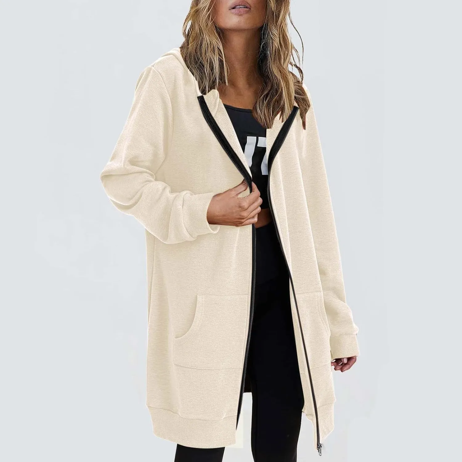 Womens Oversized Zip Up Long Hoodies Casual Long Sleeve Solid Color Sweatshirts Fall Trendy Loose Jacket with Pockets