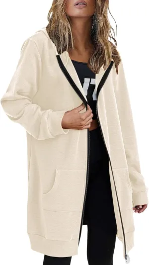 Womens Oversized Zip Up Long Hoodies Casual Long Sleeve Solid Color Sweatshirts Fall Trendy Loose Jacket with Pockets