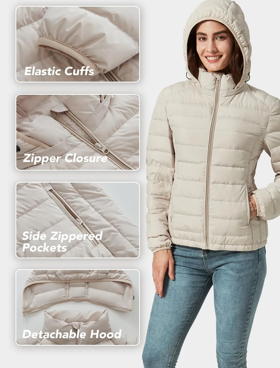 Women's Packable Puffer Jacket Hooded Lightweight Puffy Jackets Windproof Winter Coat