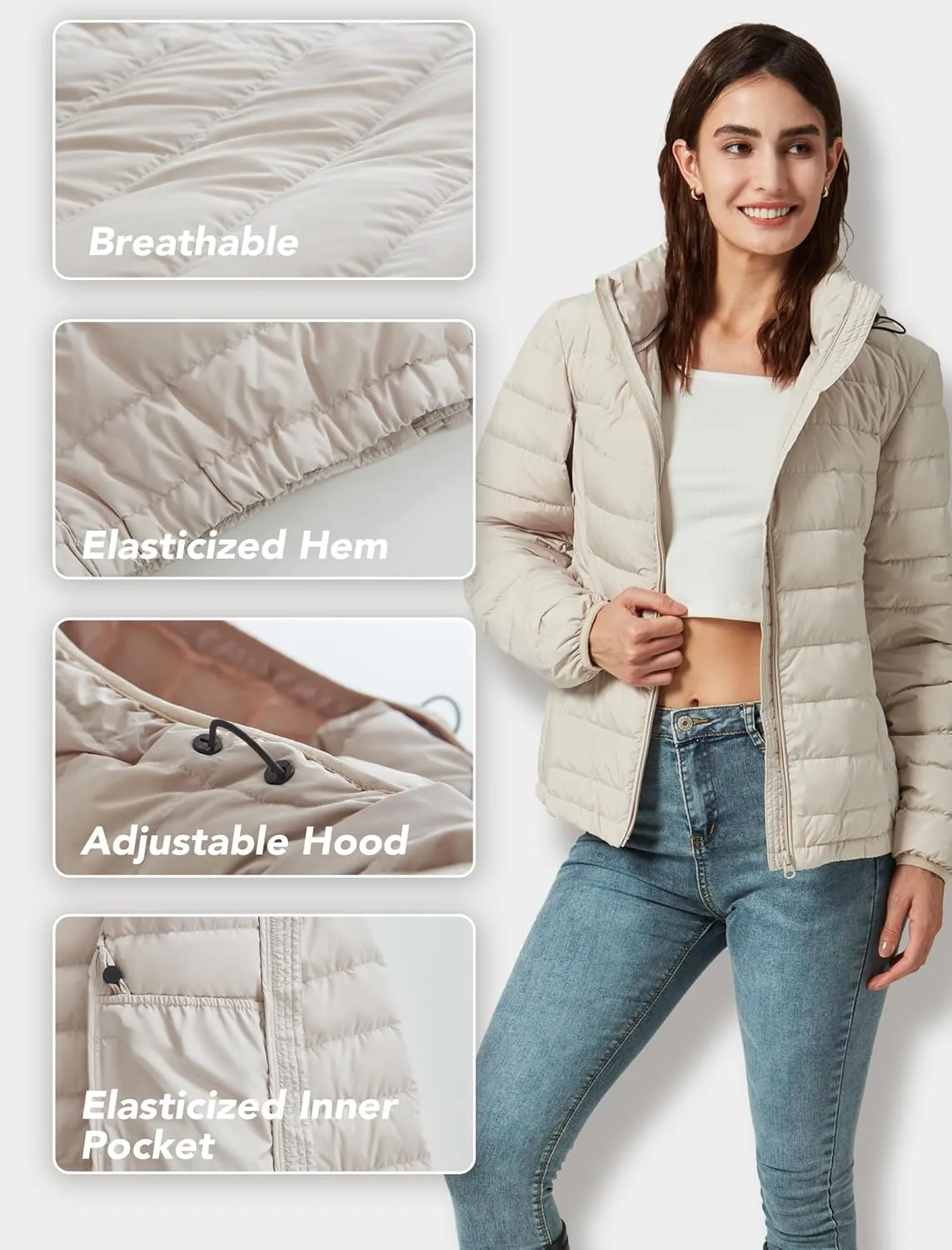 Women's Packable Puffer Jacket Hooded Lightweight Puffy Jackets Windproof Winter Coat