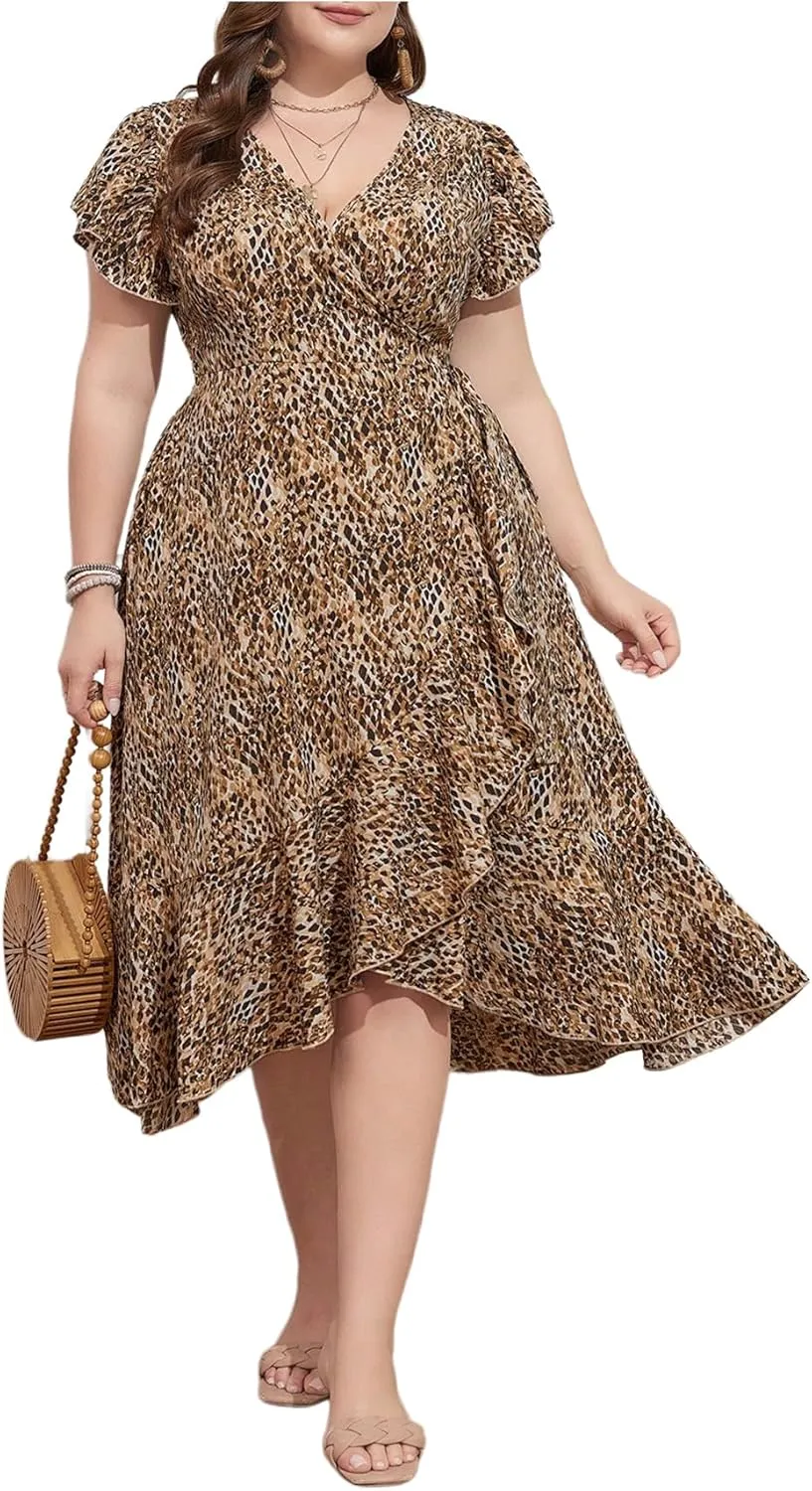 Women's Plus Size Leopard Print Midi Dress Cheetah Ruffle Asymmetrical Hem Dress Short Sleeve V Neck Flowy Dresses
