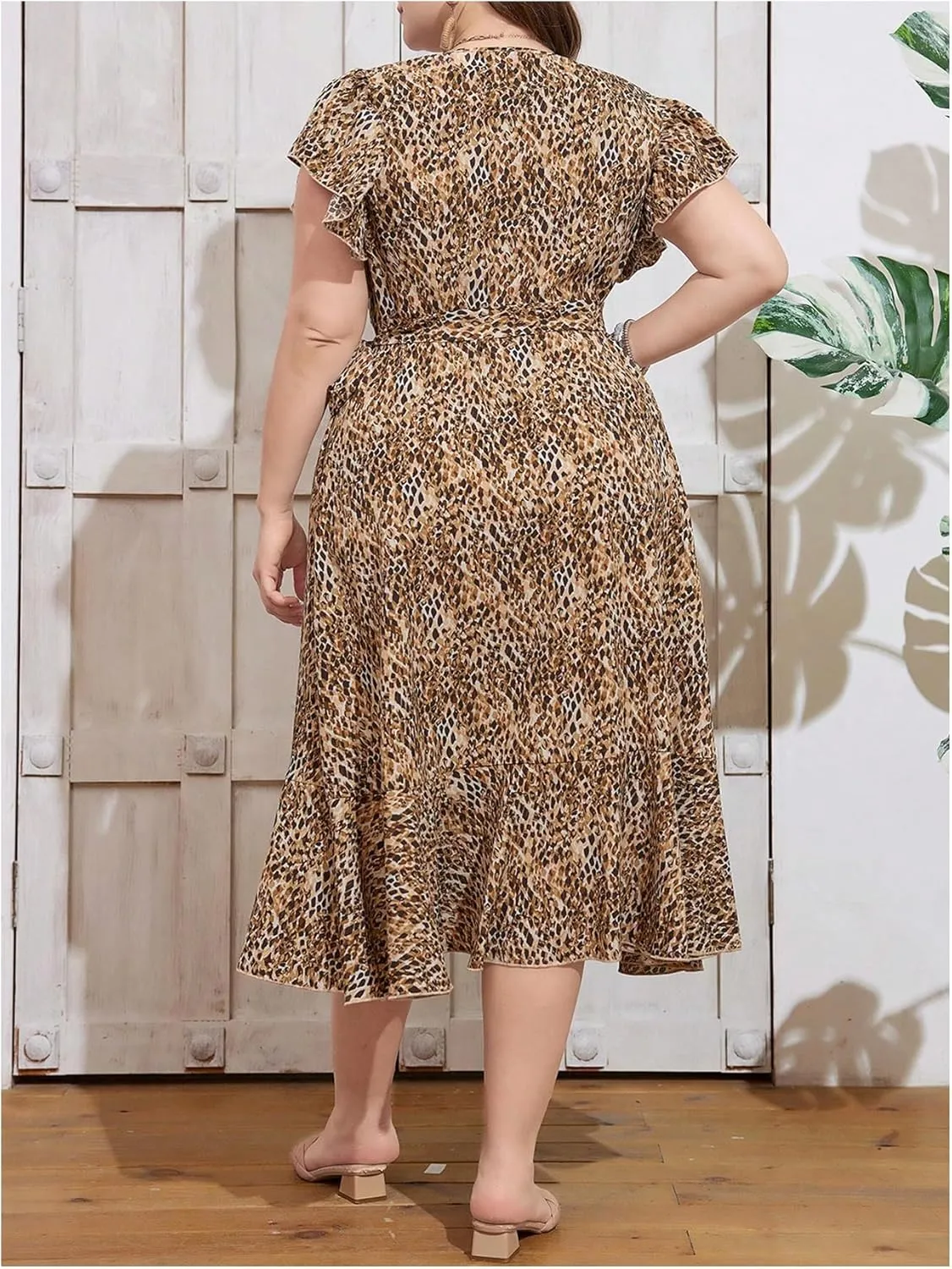 Women's Plus Size Leopard Print Midi Dress Cheetah Ruffle Asymmetrical Hem Dress Short Sleeve V Neck Flowy Dresses