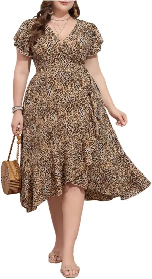 Women's Plus Size Leopard Print Midi Dress Cheetah Ruffle Asymmetrical Hem Dress Short Sleeve V Neck Flowy Dresses