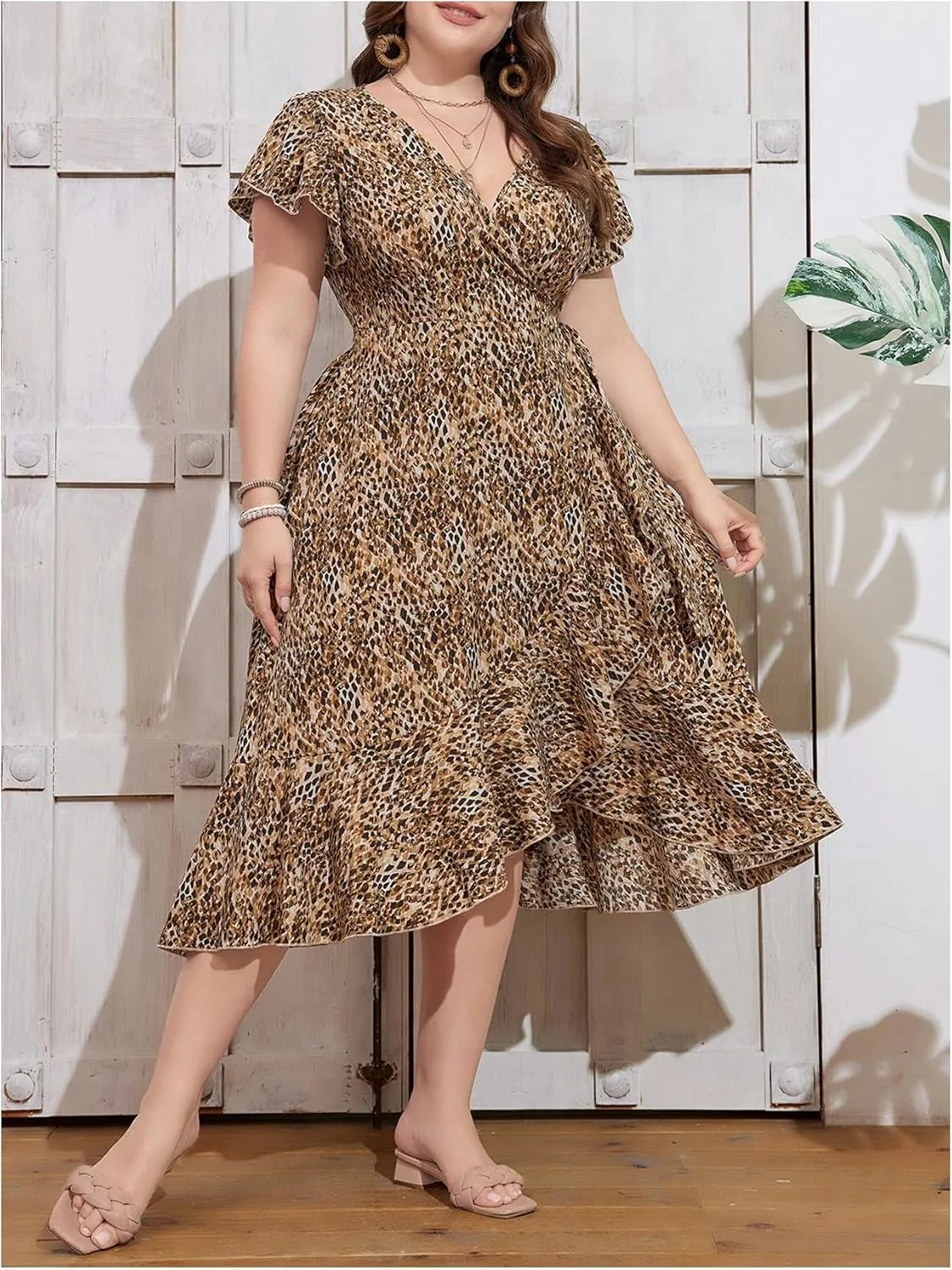 Women's Plus Size Leopard Print Midi Dress Cheetah Ruffle Asymmetrical Hem Dress Short Sleeve V Neck Flowy Dresses