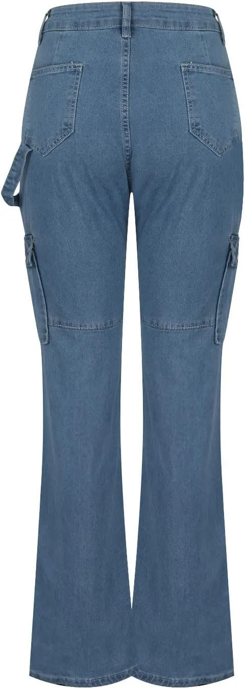Women's Retro Denim Cargo Pants Casual High Waist Trousers Fashion Hippie Streetwear Wide Leg Jeans Pants with Pockets