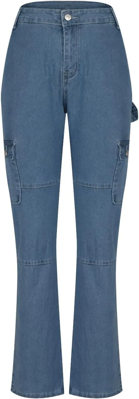 Women's Retro Denim Cargo Pants Casual High Waist Trousers Fashion Hippie Streetwear Wide Leg Jeans Pants with Pockets