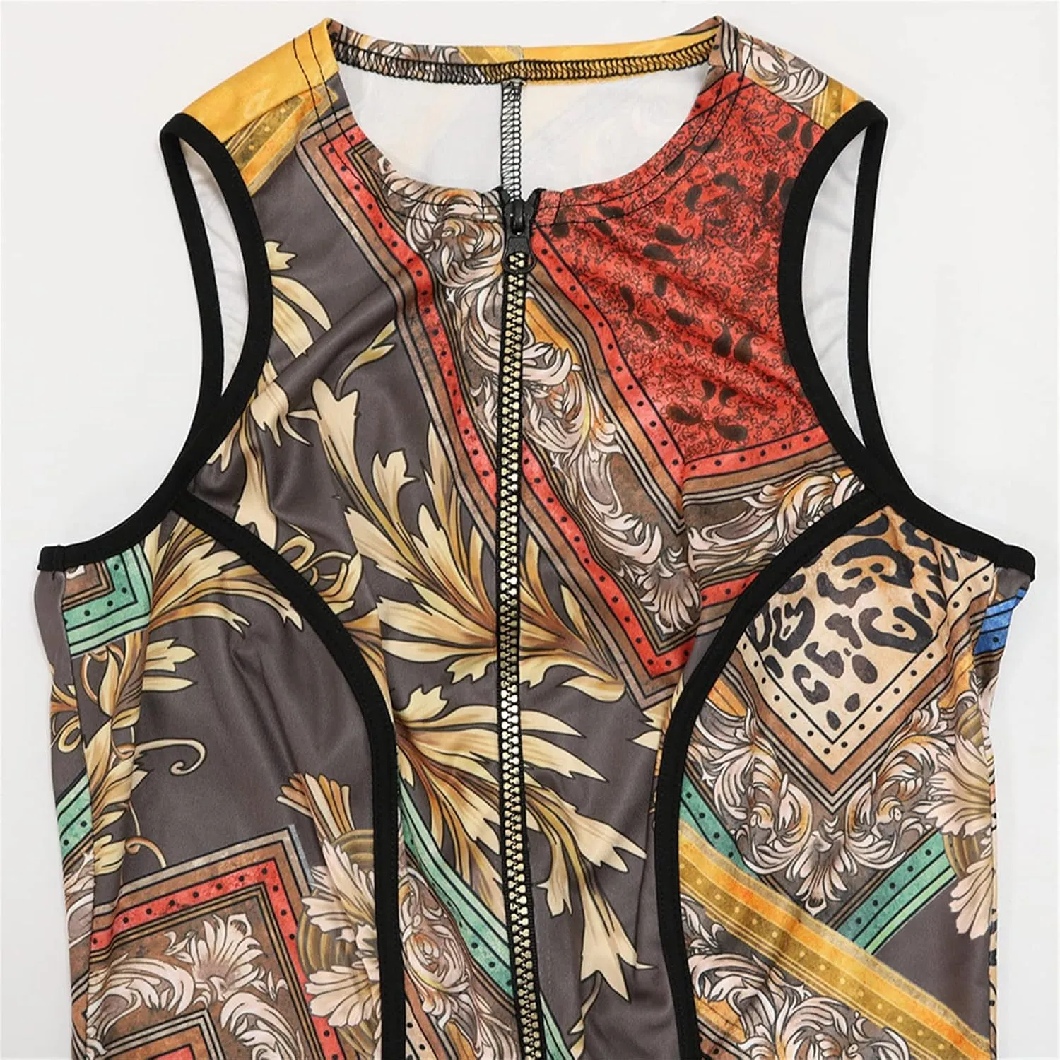 Womens Sexy Sleeveless Deep V Neck Zipper Printed Bodycon Party Clubwear Jumpsuit Rompers