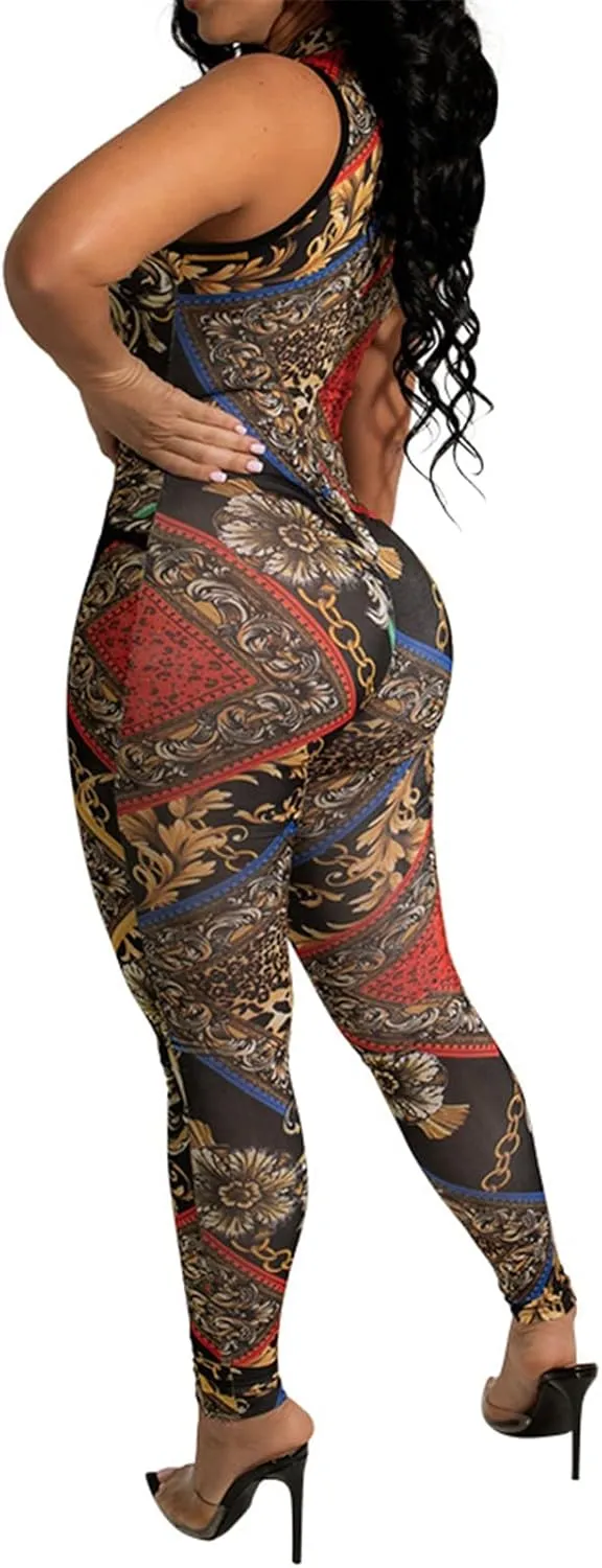 Womens Sexy Sleeveless Deep V Neck Zipper Printed Bodycon Party Clubwear Jumpsuit Rompers