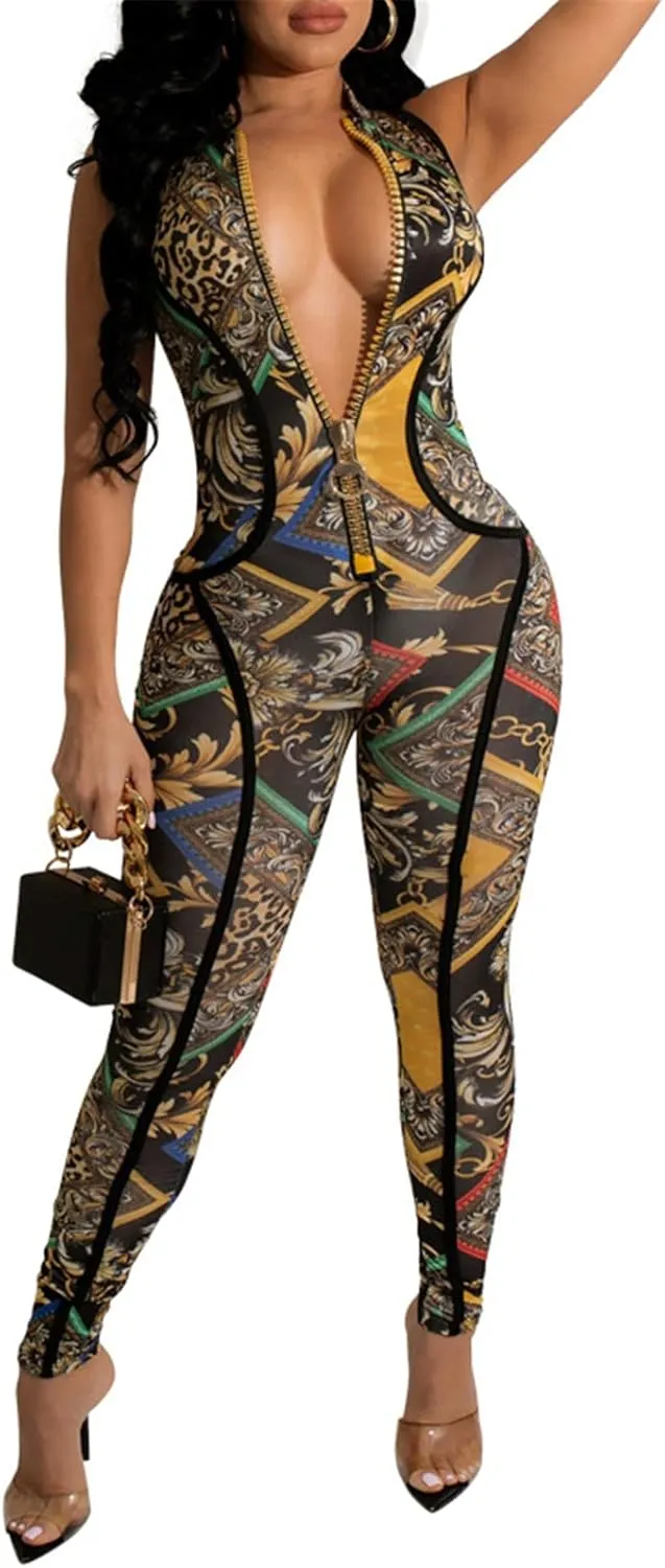 Womens Sexy Sleeveless Deep V Neck Zipper Printed Bodycon Party Clubwear Jumpsuit Rompers