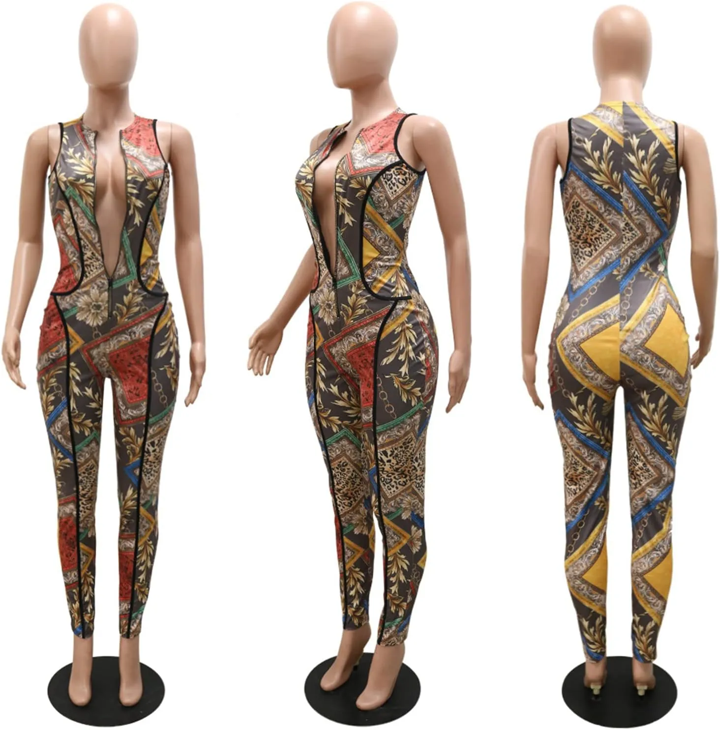 Womens Sexy Sleeveless Deep V Neck Zipper Printed Bodycon Party Clubwear Jumpsuit Rompers