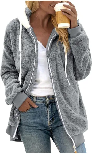 Womens Sherpa Jacket Fuzzy Zip Up Hoodie Oversized Fleece Jackets Fluffy Coat with Pockets