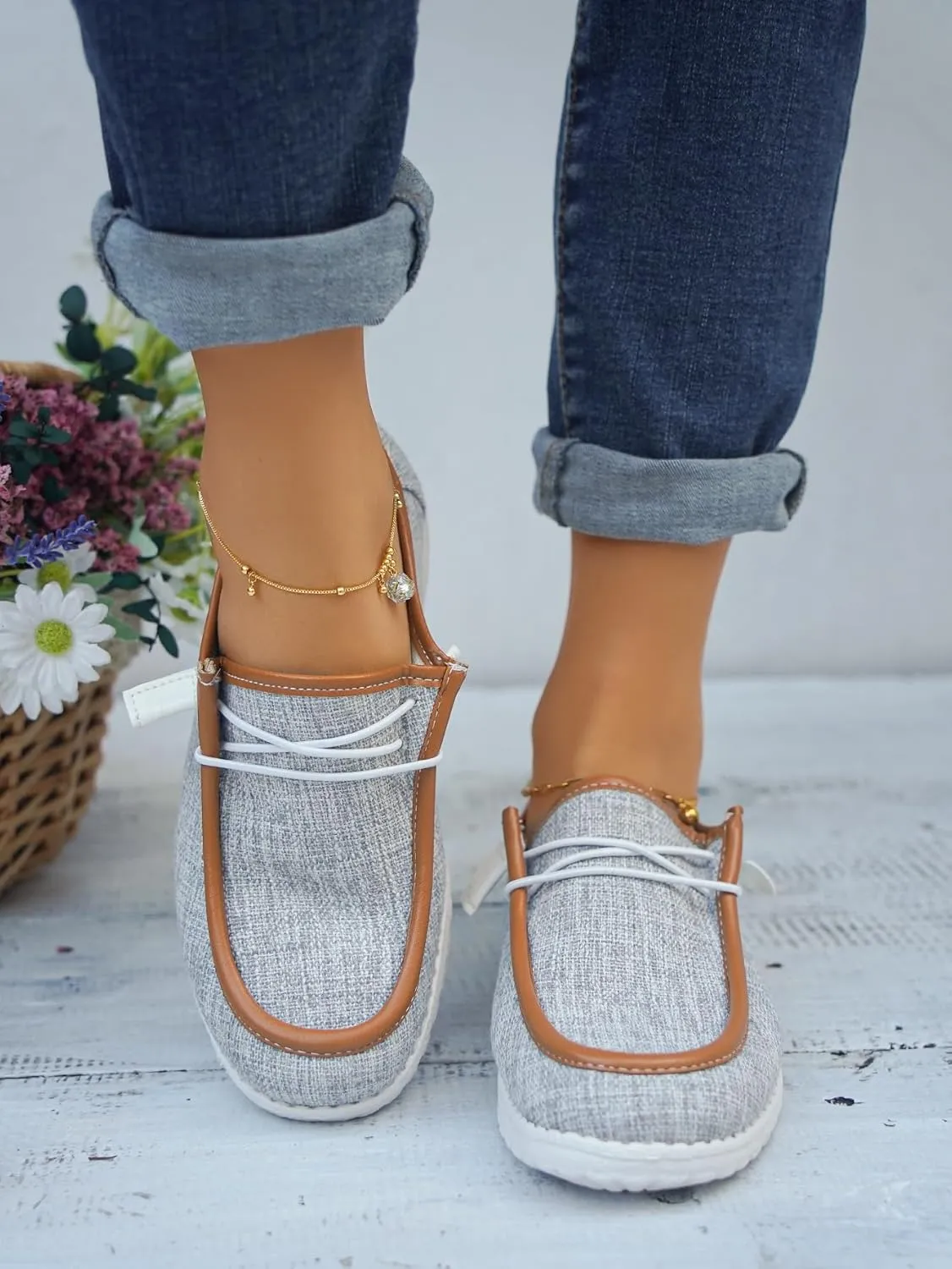 Women's Solid Comfortable Lace-up Loafers Orthopedic Ultralight Canvas Boat Casual Shoes with Arch Support Lightweight Slip On Sneakers