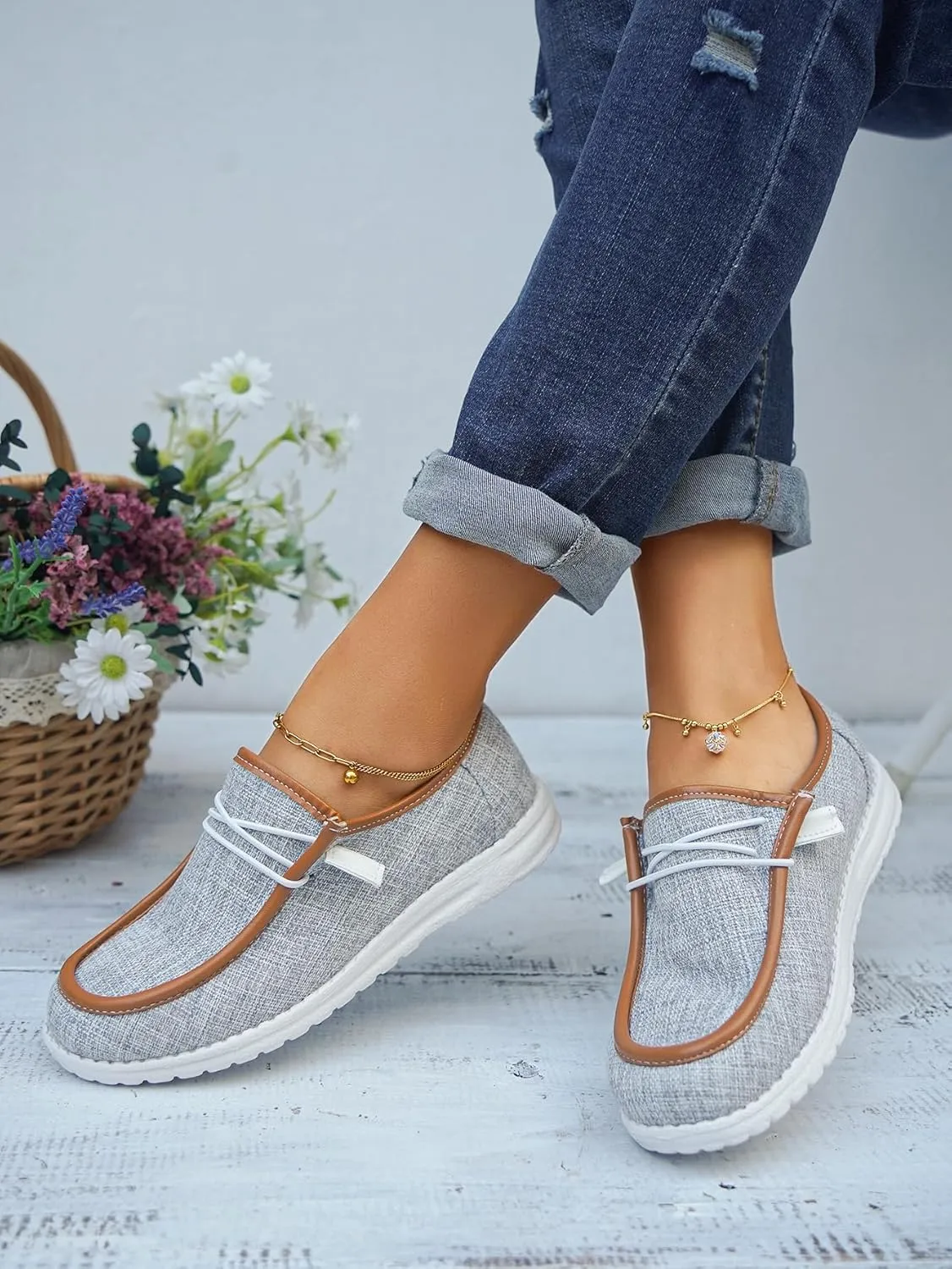 Women's Solid Comfortable Lace-up Loafers Orthopedic Ultralight Canvas Boat Casual Shoes with Arch Support Lightweight Slip On Sneakers
