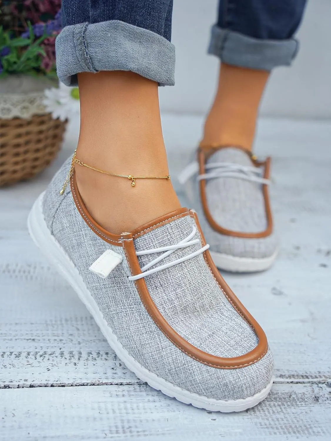 Women's Solid Comfortable Lace-up Loafers Orthopedic Ultralight Canvas Boat Casual Shoes with Arch Support Lightweight Slip On Sneakers