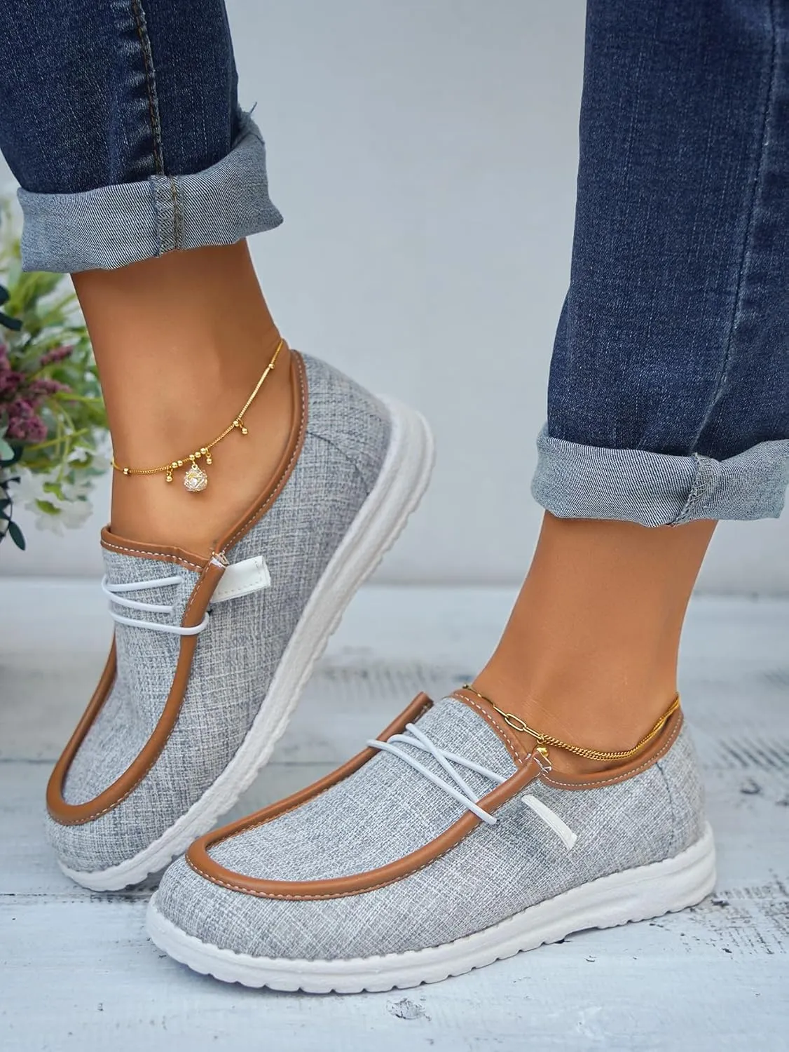 Women's Solid Comfortable Lace-up Loafers Orthopedic Ultralight Canvas Boat Casual Shoes with Arch Support Lightweight Slip On Sneakers