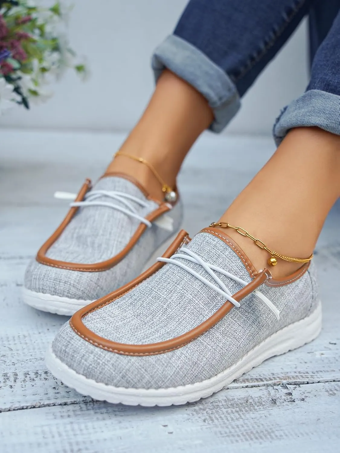 Women's Solid Comfortable Lace-up Loafers Orthopedic Ultralight Canvas Boat Casual Shoes with Arch Support Lightweight Slip On Sneakers