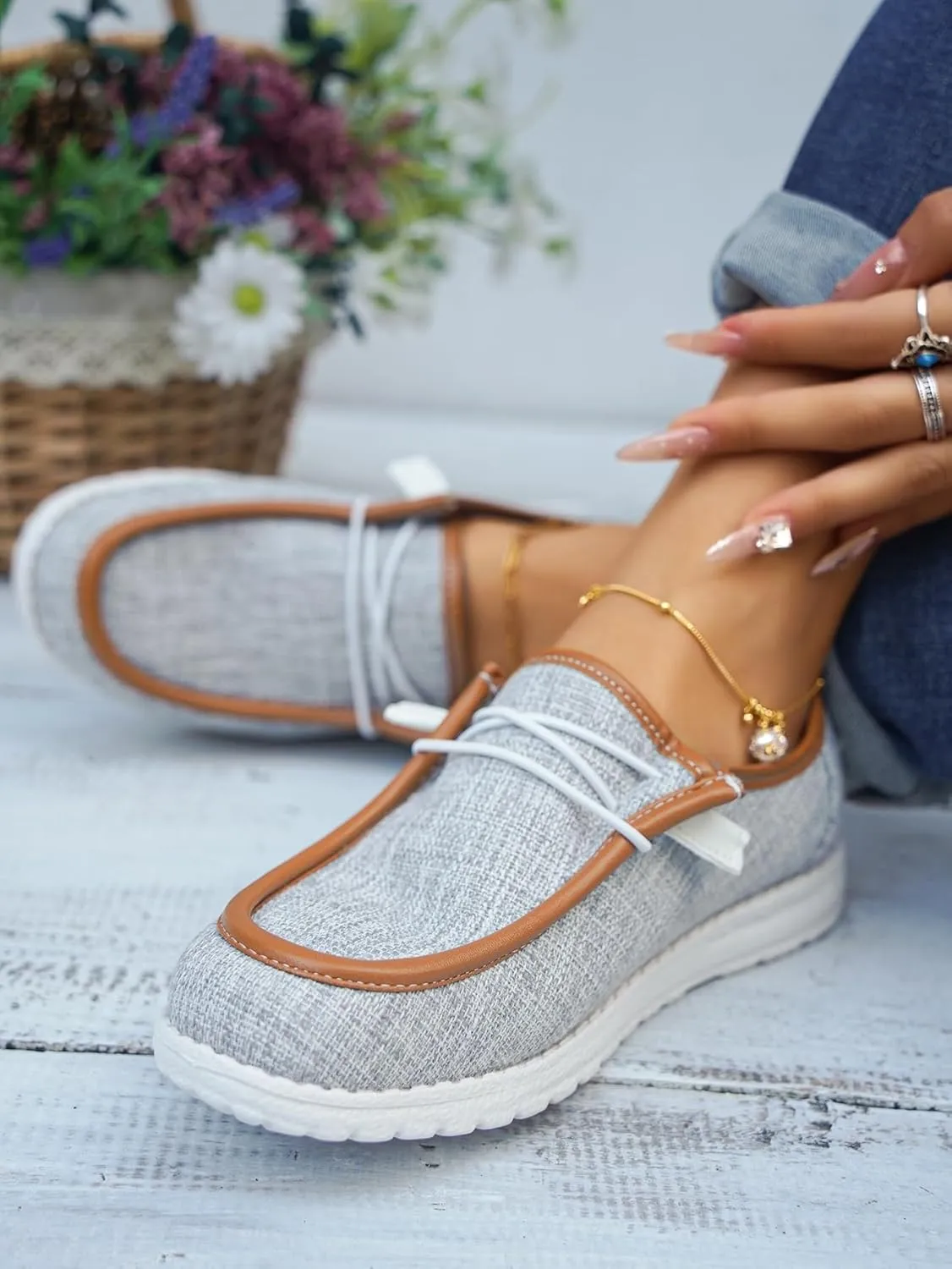 Women's Solid Comfortable Lace-up Loafers Orthopedic Ultralight Canvas Boat Casual Shoes with Arch Support Lightweight Slip On Sneakers
