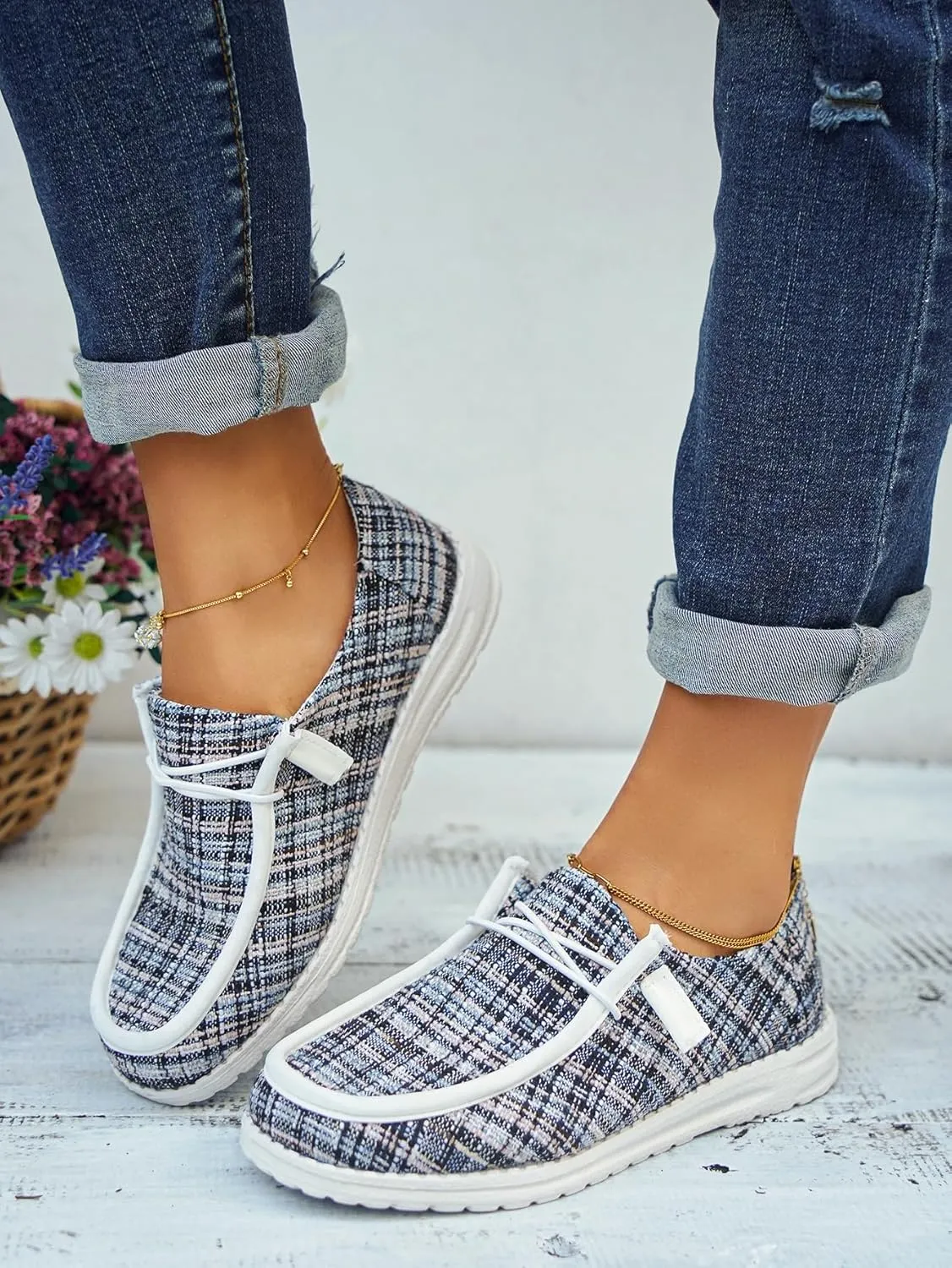 Women's Solid Comfortable Lace-up Loafers Orthopedic Ultralight Canvas Boat Casual Shoes with Arch Support Lightweight Slip On Sneakers