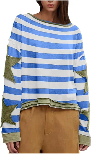 Womens Star Oversized Sweatshirt Crewneck Drop Shoulder Pullover Long Sleeve Shirts Tops Y2K Cute Trendy Clothes