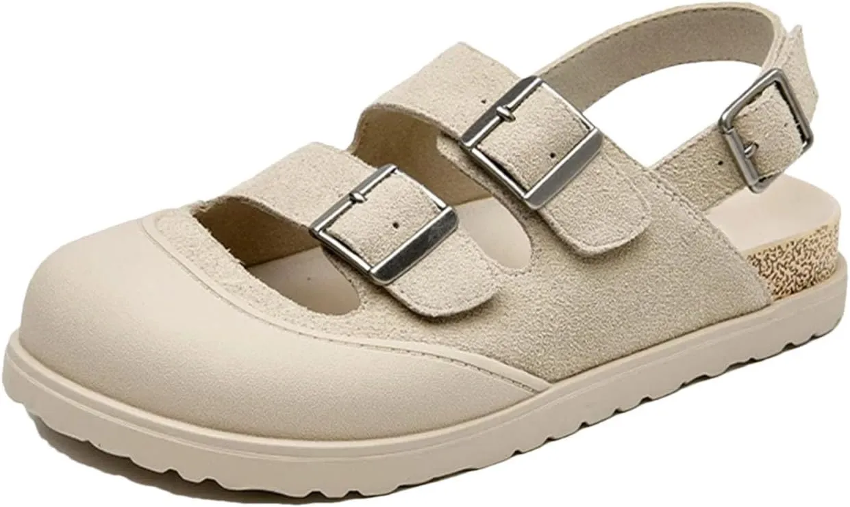 Women's Suede Cover Toe Sandals - Buckle Strap Leisure Beach Summer Flats