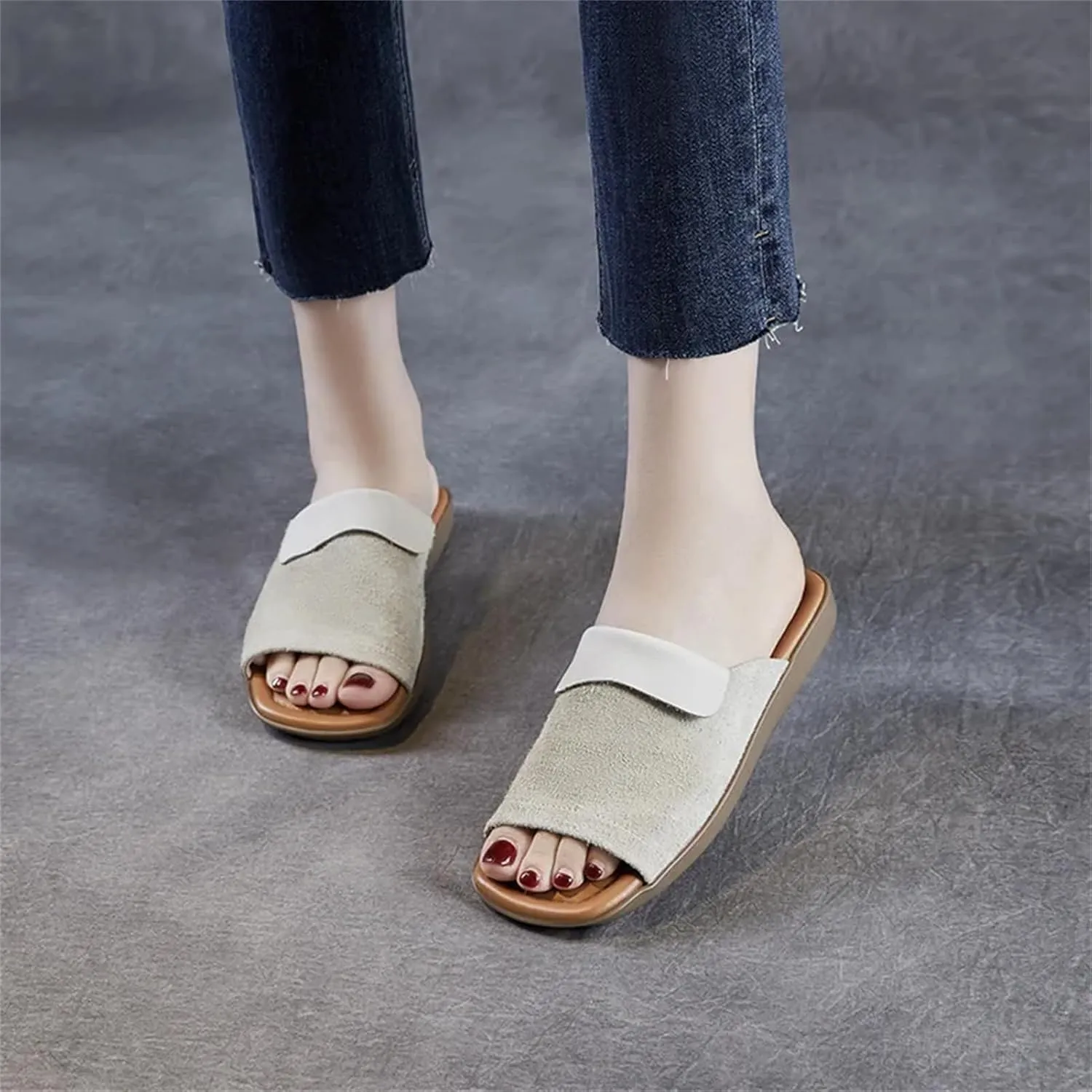 Women's Suede Slip-On Loafers - 2cm Peep Toe Summer Fashion Rubber Flats
