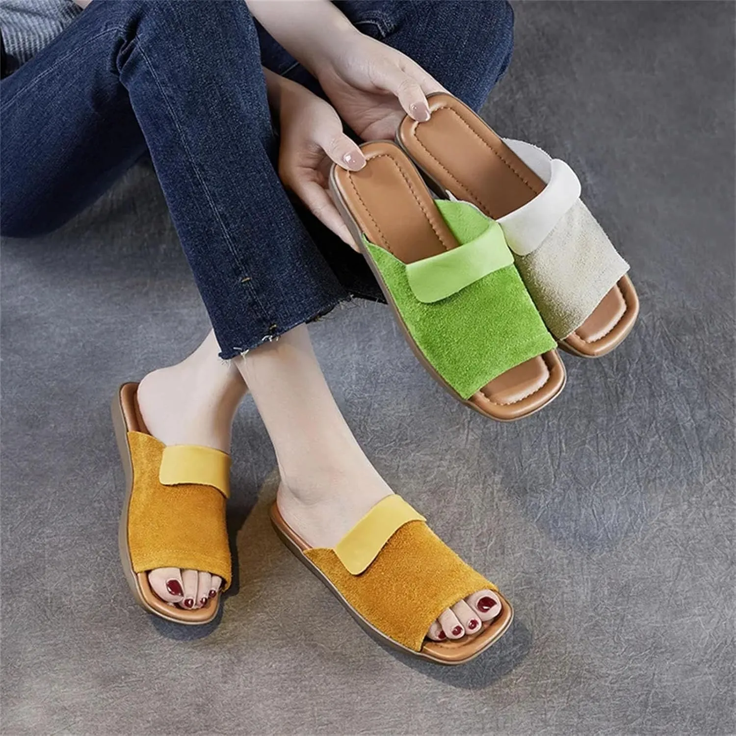Women's Suede Slip-On Loafers - 2cm Peep Toe Summer Fashion Rubber Flats