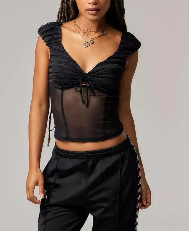 Womens Summer Flowy Short Sleeve Tank Top with Lace Trim Button Down Chiffon Shirt Boho Tie Front Ruffle Tank Tops