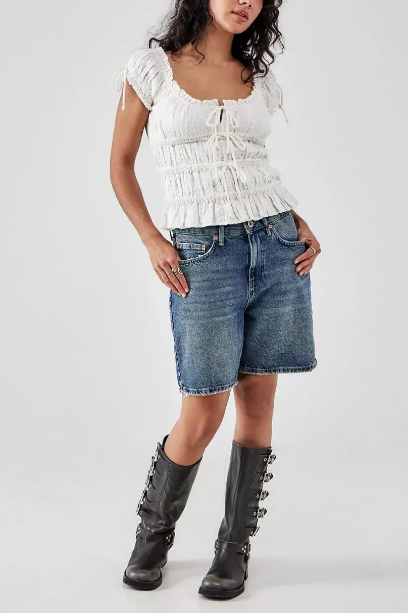 Womens Summer Flowy Short Sleeve Tank Top with Lace Trim Button Down Chiffon Shirt Boho Tie Front Ruffle Tank Tops