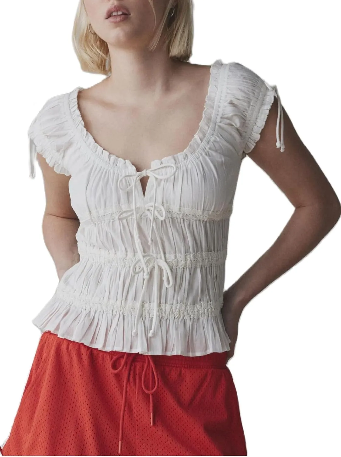 Womens Summer Flowy Short Sleeve Tank Top with Lace Trim Button Down Chiffon Shirt Boho Tie Front Ruffle Tank Tops