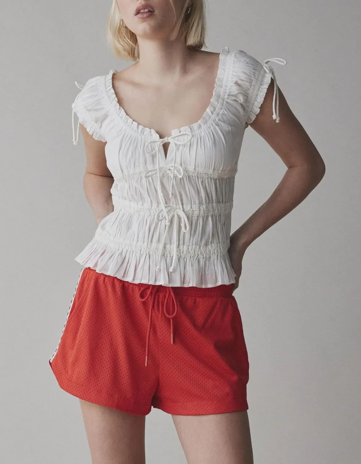 Womens Summer Flowy Short Sleeve Tank Top with Lace Trim Button Down Chiffon Shirt Boho Tie Front Ruffle Tank Tops