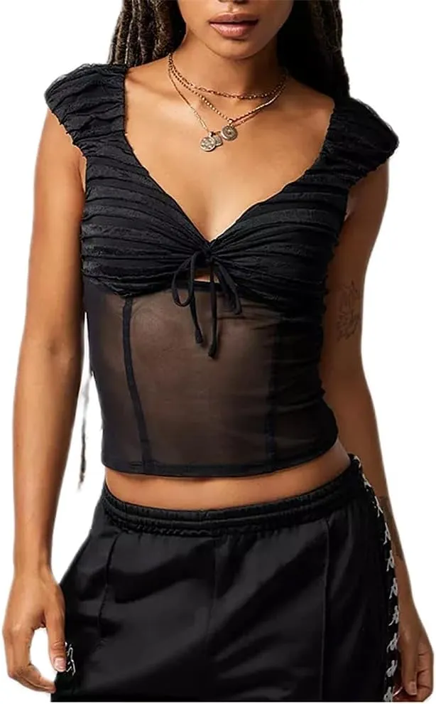 Womens Summer Flowy Short Sleeve Tank Top with Lace Trim Button Down Chiffon Shirt Boho Tie Front Ruffle Tank Tops