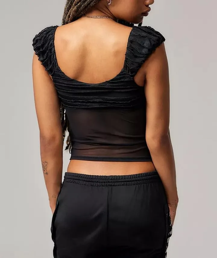 Womens Summer Flowy Short Sleeve Tank Top with Lace Trim Button Down Chiffon Shirt Boho Tie Front Ruffle Tank Tops