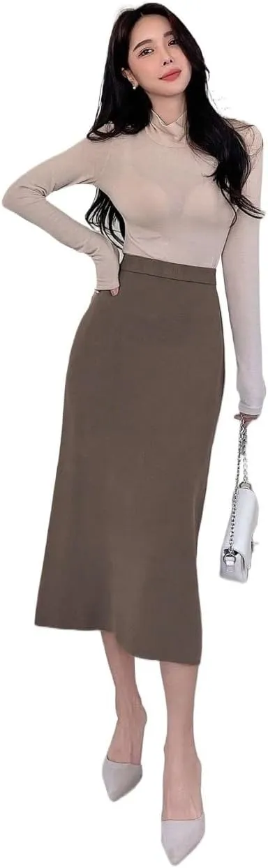 Womens Summer Flowy Skirt Dress Women's Solid Color High-Waisted Midi Skirt