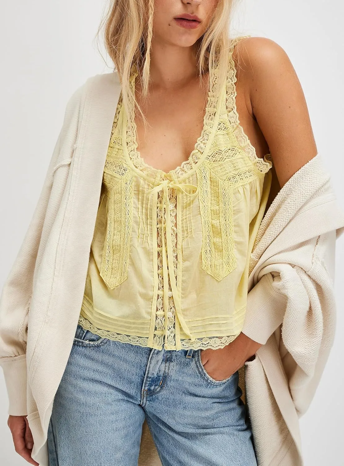 Womens Summer Flowy Tank Top with Lace Trim Button Down Chiffon Cami Shirt Boho Tie Front Ruffle Tank Crop Tops