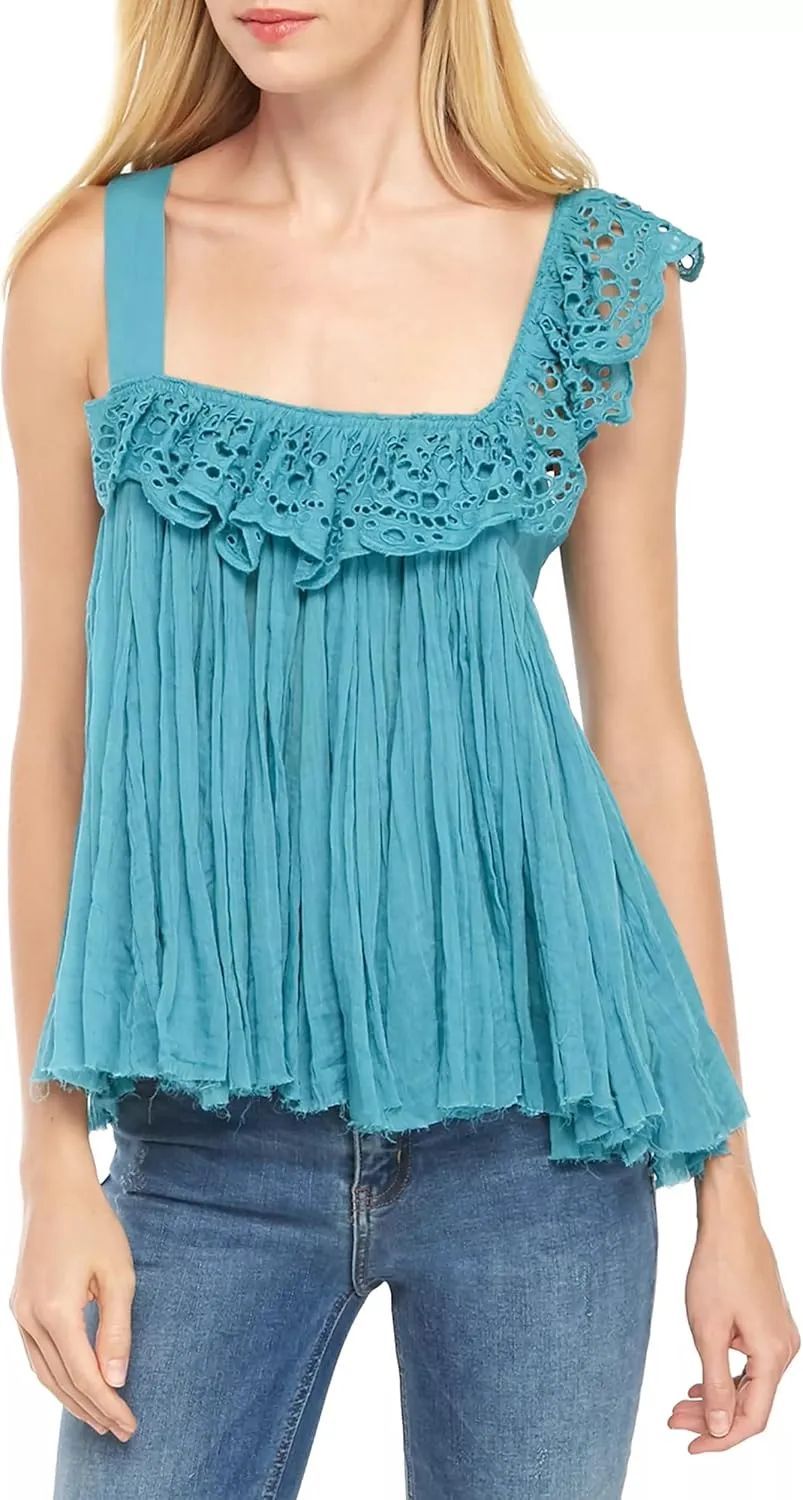Womens Summer Flowy Tank Top with Lace Trim Button Down Chiffon Cami Shirt Boho Tie Front Ruffle Tank Crop Tops