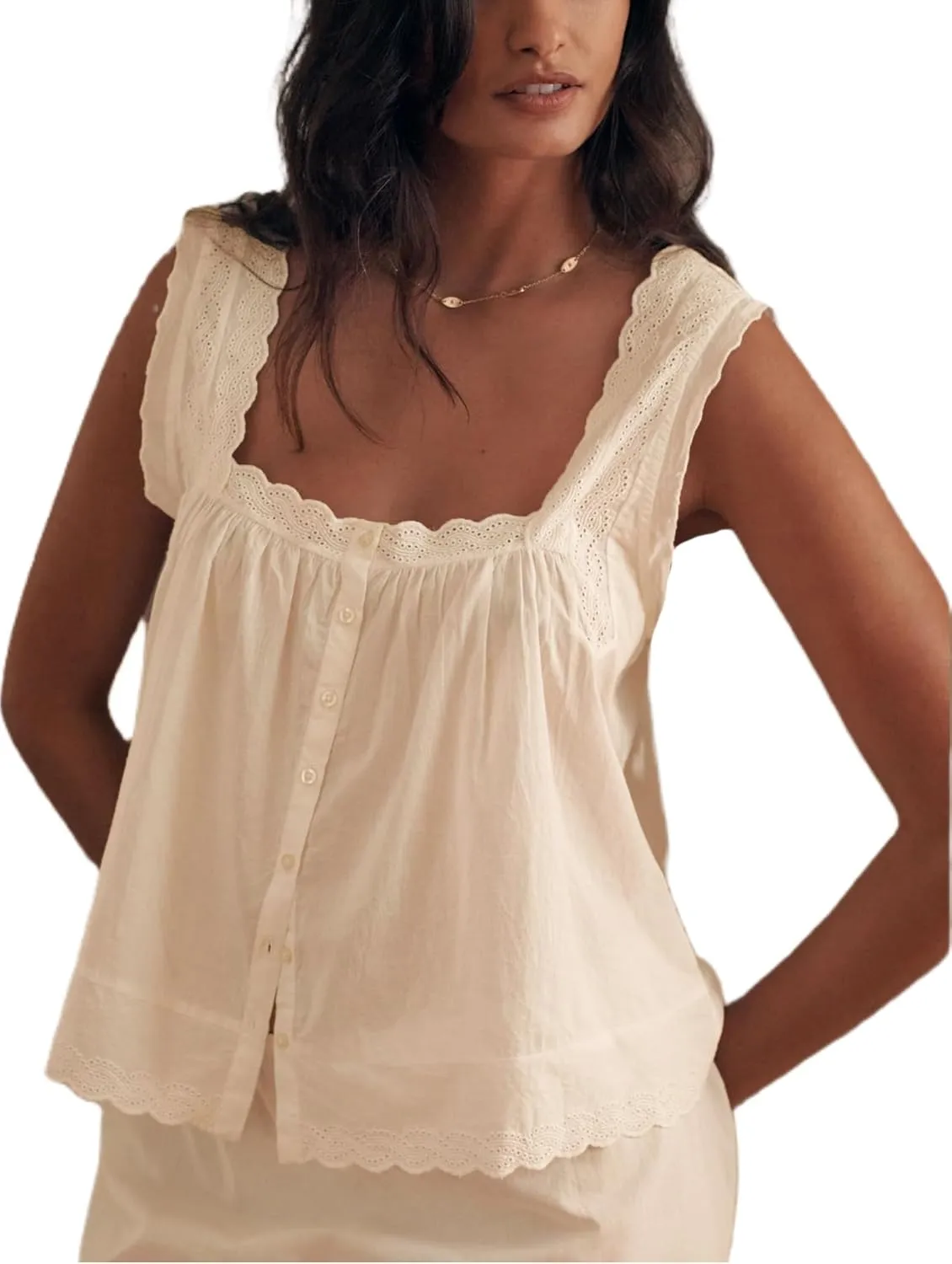 Womens Summer Flowy Tank Top with Lace Trim Button Down Chiffon Cami Shirt Boho Tie Front Ruffle Tank Crop Tops