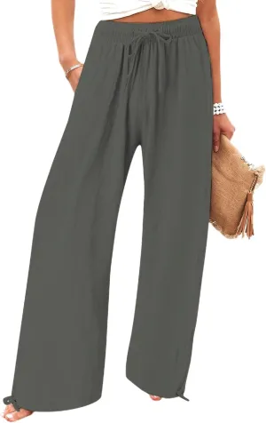 Women's Summer High Waisted Cotton Linen Palazzo Pants Wide Leg Long Lounge Pocked Pants Baggy Drawstring Trousers