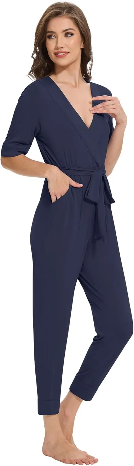 Women's Summer Jumpsuits Short Sleeve Casual 2025 One Piece Outfits Pants Rayon V Neck Belted Rompers S-XXL