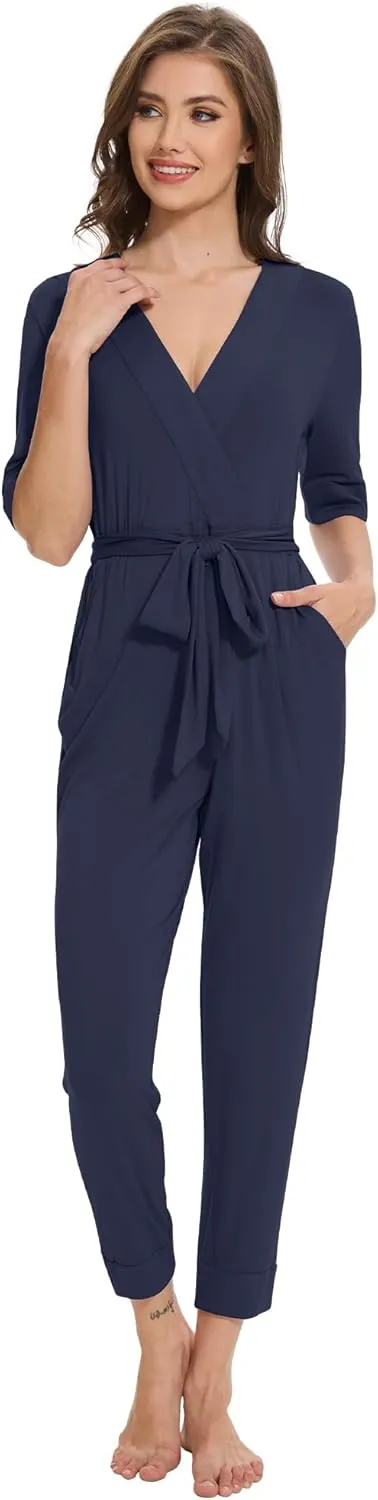 Women's Summer Jumpsuits Short Sleeve Casual 2025 One Piece Outfits Pants Rayon V Neck Belted Rompers S-XXL