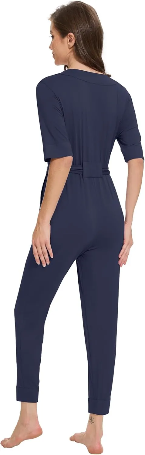 Women's Summer Jumpsuits Short Sleeve Casual 2025 One Piece Outfits Pants Rayon V Neck Belted Rompers S-XXL