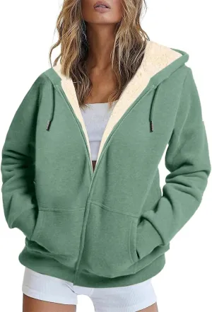 Womens Thick Wool Zip Up Hoodies Long Sleeve Sweatshirts Winter Fall Outfits Oversized Sweaters Casual