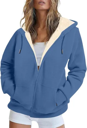 Womens Thick Wool Zip Up Hoodies Long Sleeve Sweatshirts Winter Fall Outfits Oversized Sweaters Casual