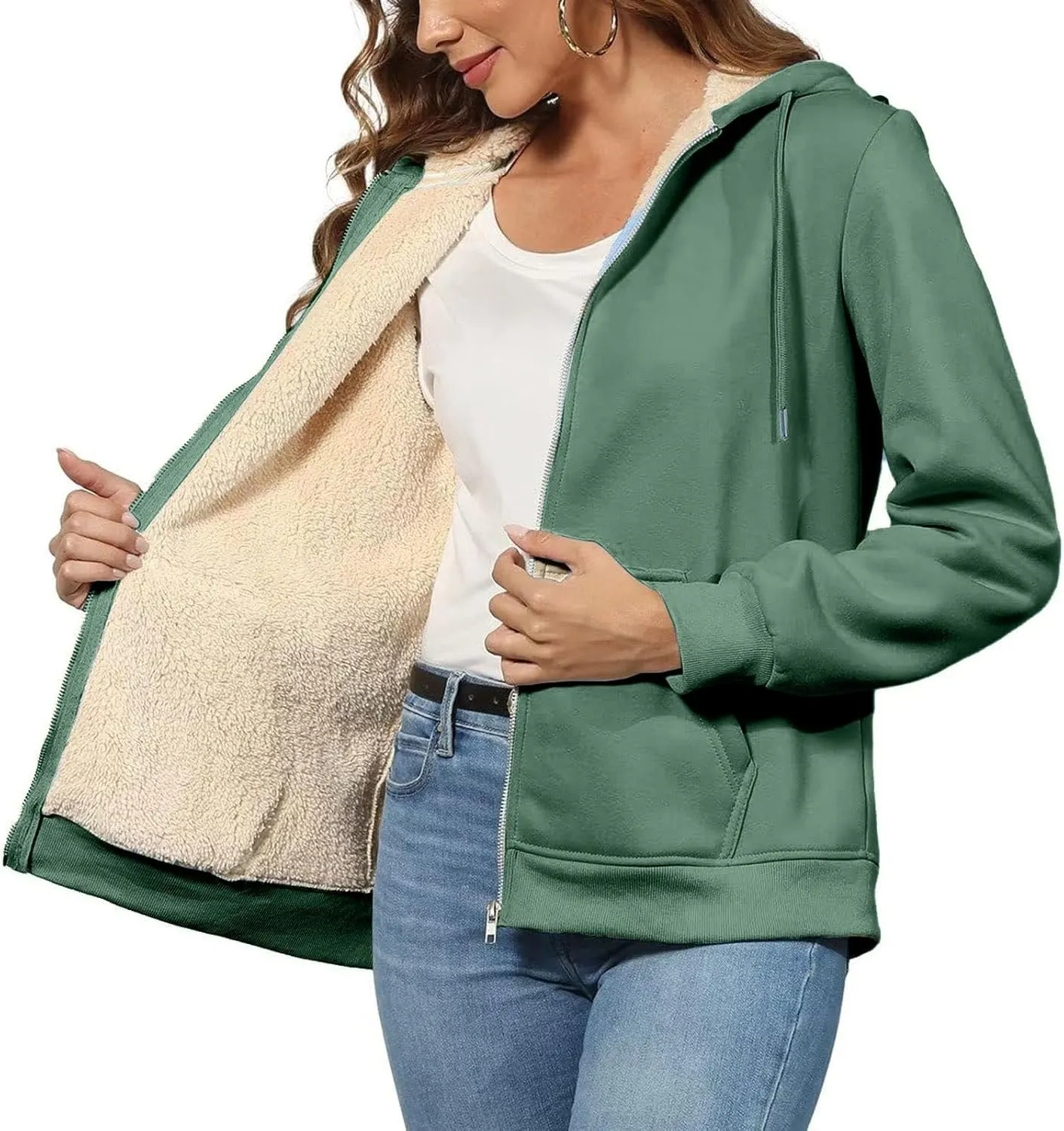 Womens Thick Wool Zip Up Hoodies Long Sleeve Sweatshirts Winter Fall Outfits Oversized Sweaters Casual